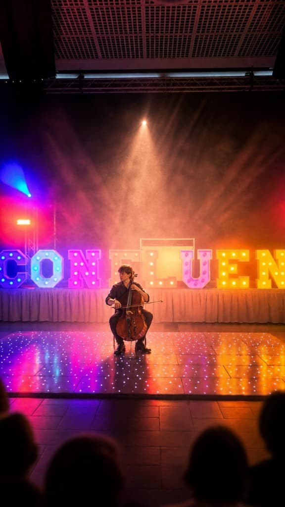 Luke Stamer performing cello beneath colourful Confluence event lights