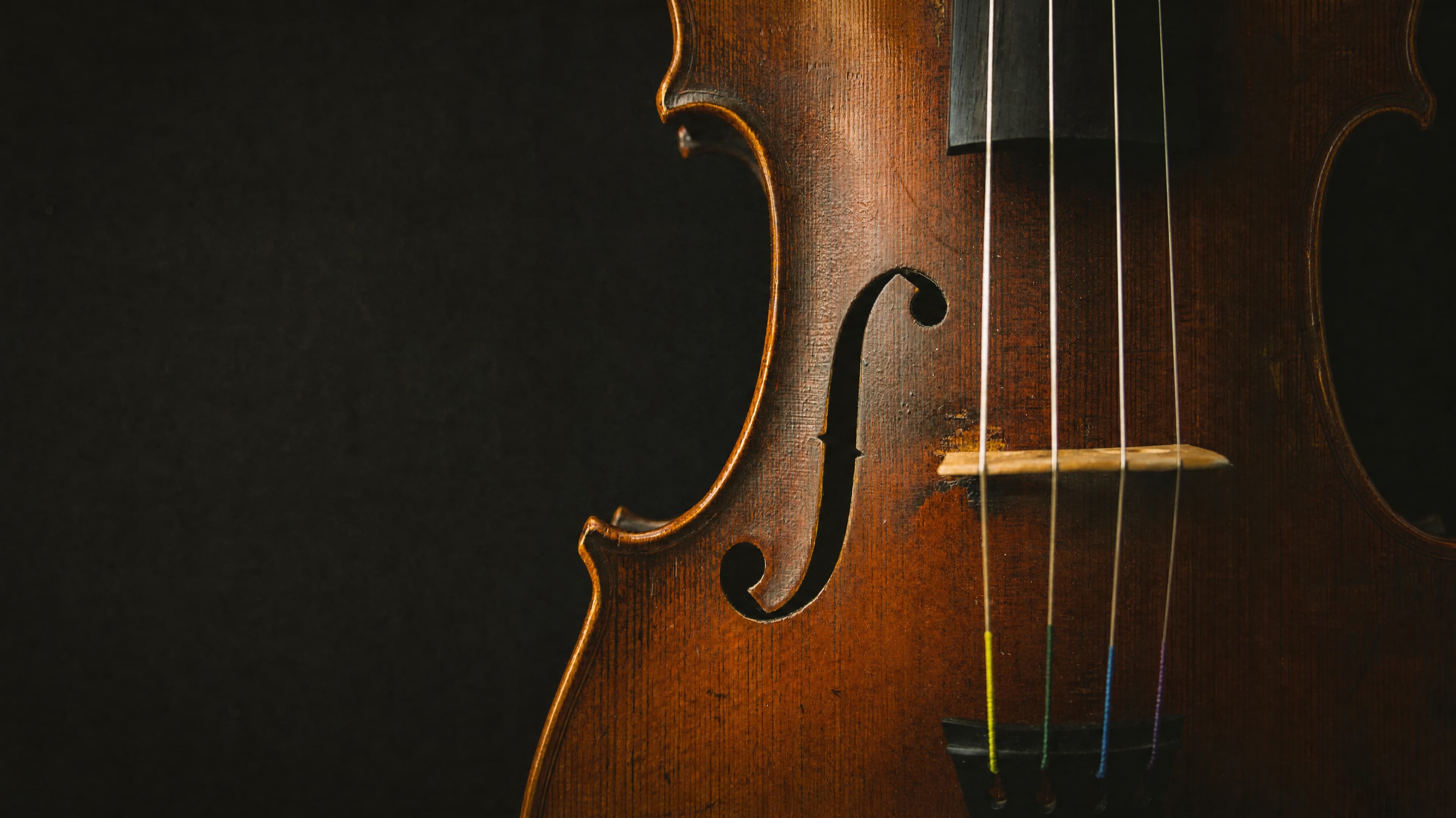 Close-up of a violin with warm wood tones against a dark background