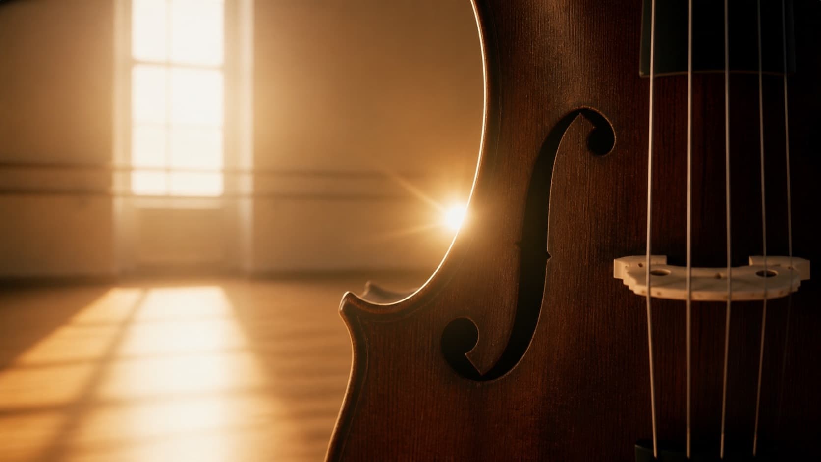 Close-up of a cello with warm golden light streaming through a window